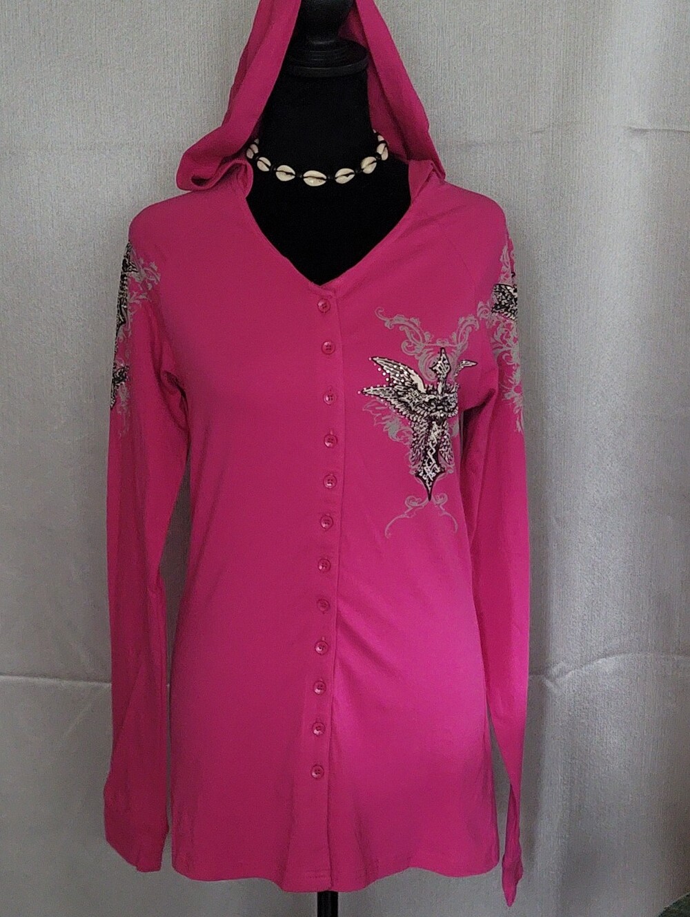 Women’s Hot Pink Hooded Button-Front Top with Embroidered Detail